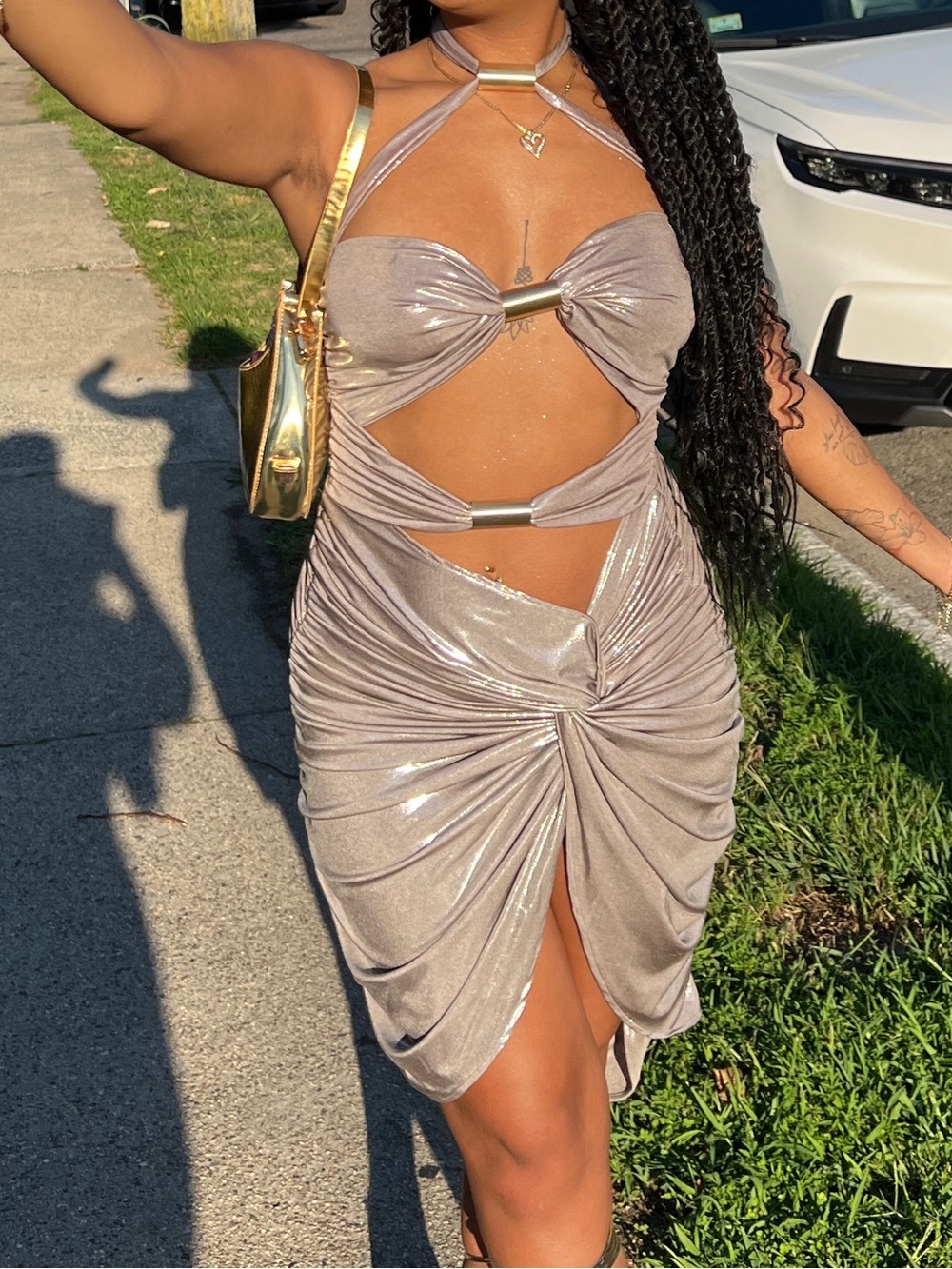 Shimmery Champagne Cut-Out Midi Dress